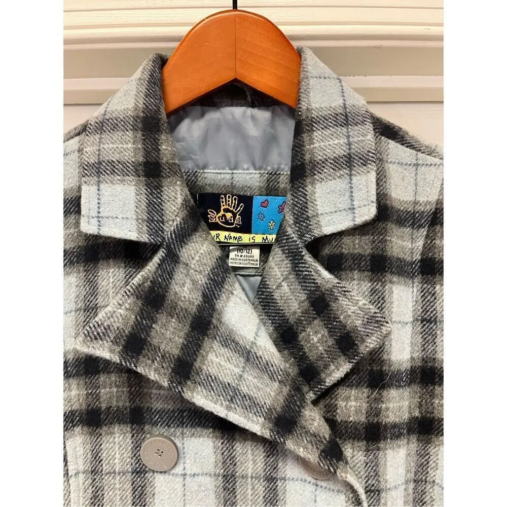 Mudd Y2K Light Blue Plaid Pea Coat sz M 12/14 EUC